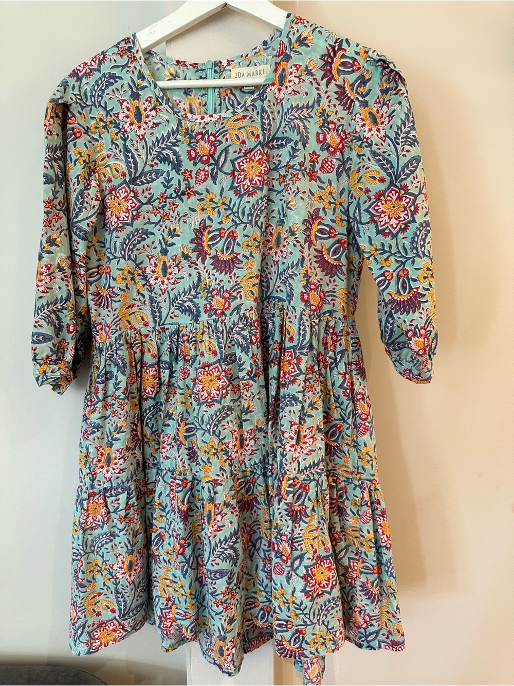 2-DAY BLOCK PRINT FLORAL GATHERED MINI DRESS PEASANT COASTAL BOHO SZ S/M